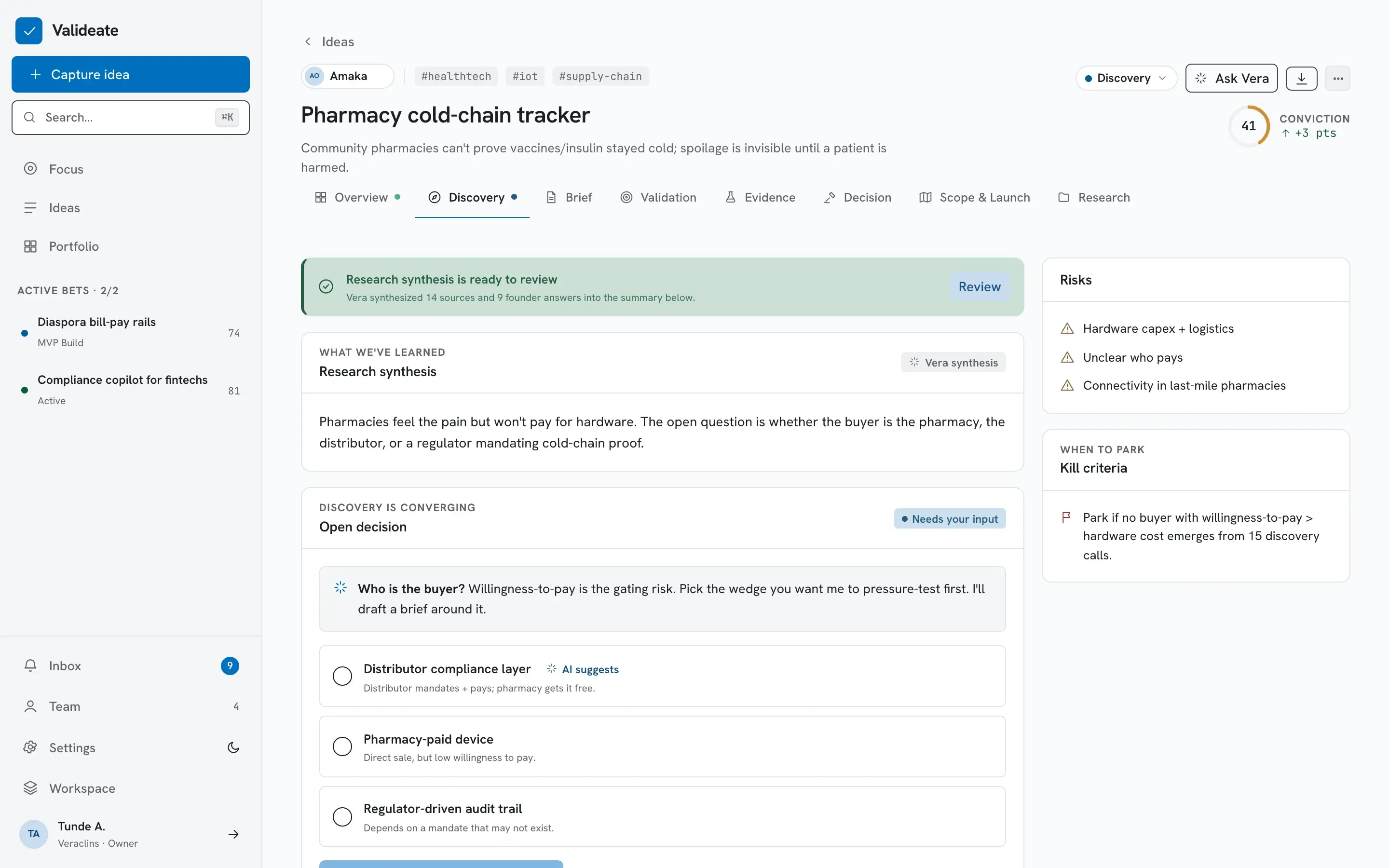 Example discovery screen: an idea with its research, suggested starting group and open questions