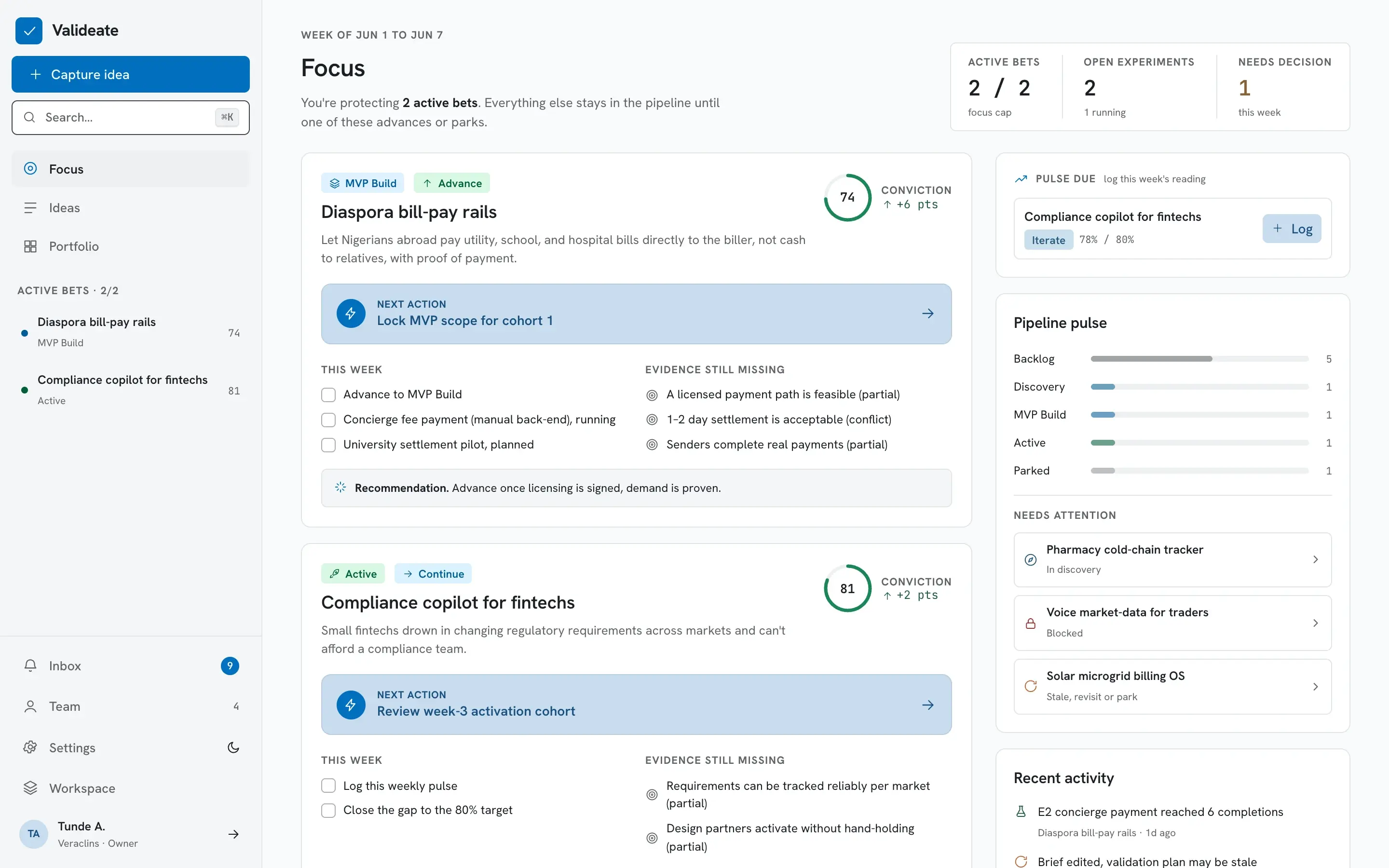 Example Valideate screen on desktop, showing ideas in progress and their next actions