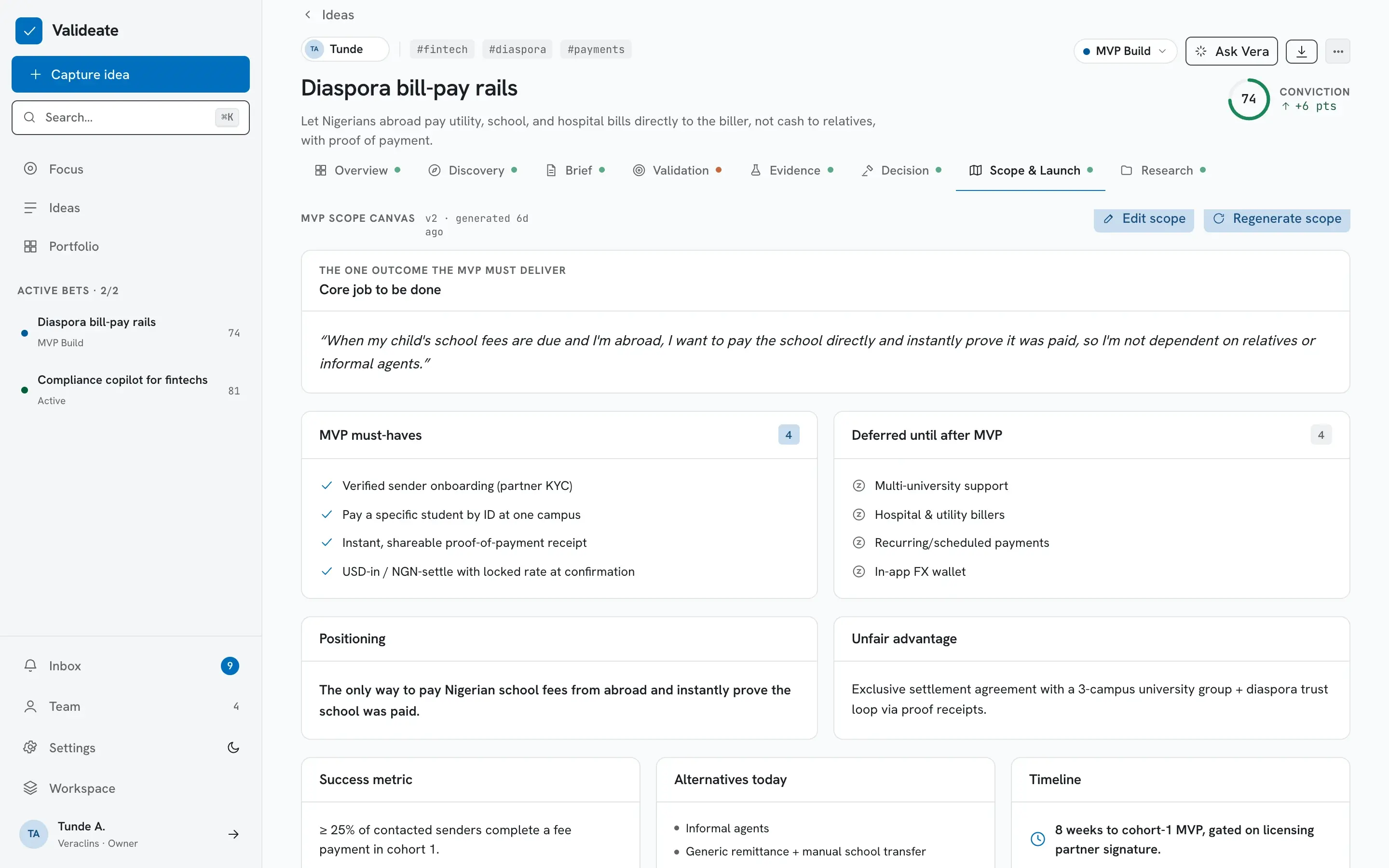 Example scope screen: the core job, must-haves, deferred features, positioning and success measure
