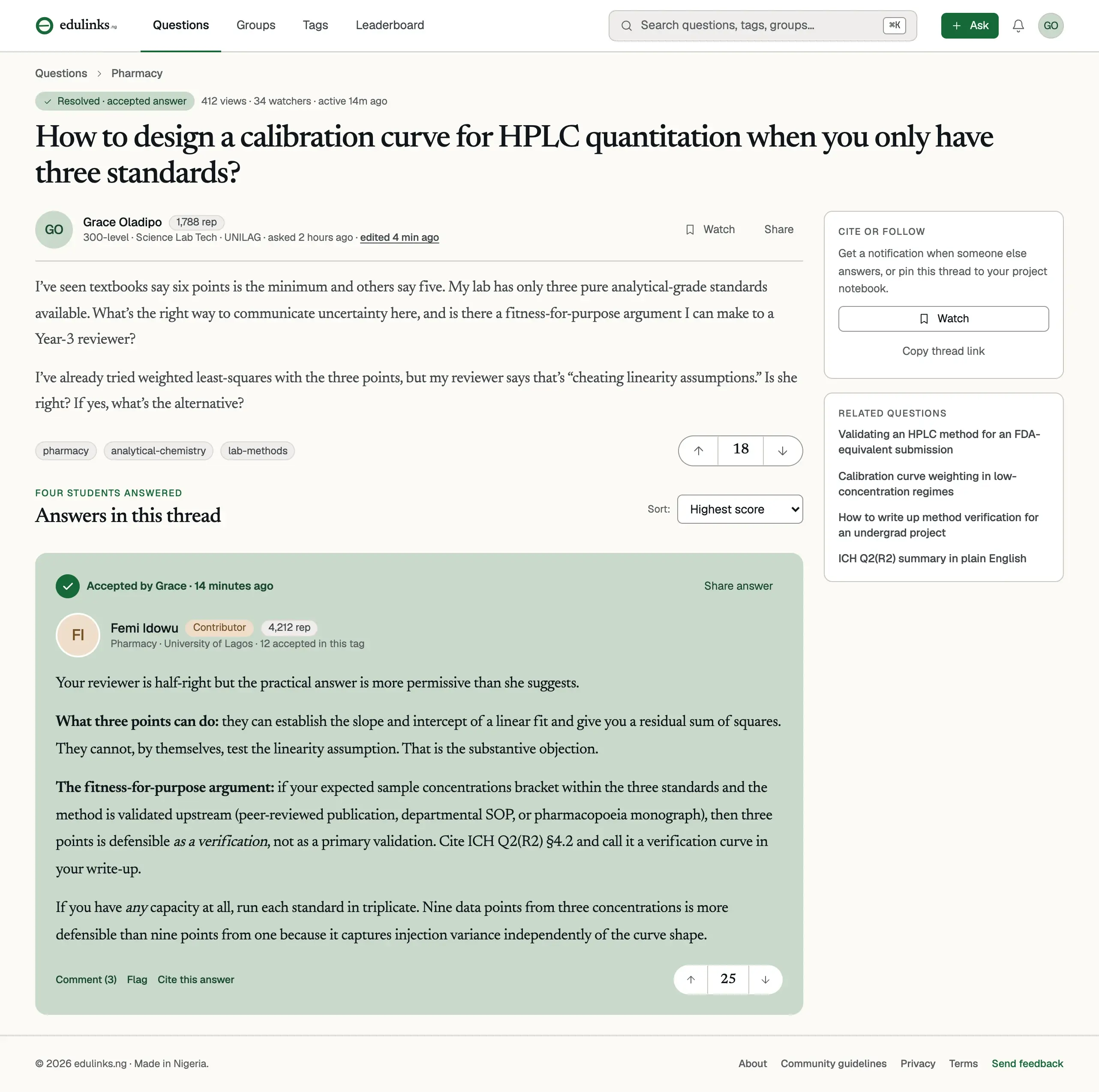 Example question screen: a question with an accepted answer and discussion