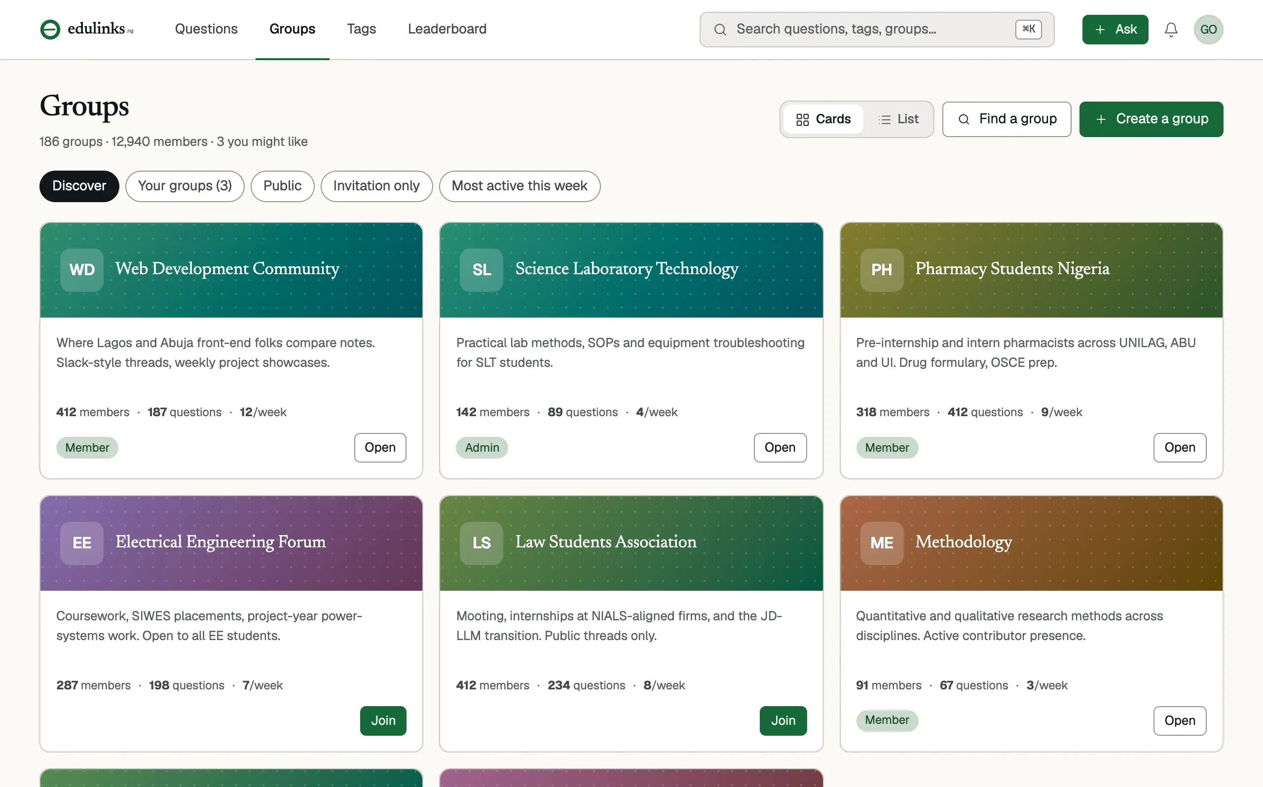Example screen: study groups around a school, course or shared interest