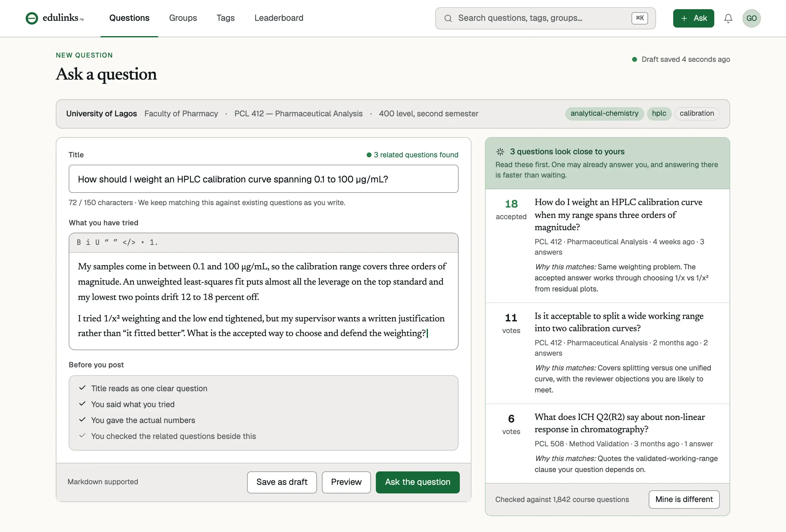 Example screen: writing a question with similar questions shown alongside