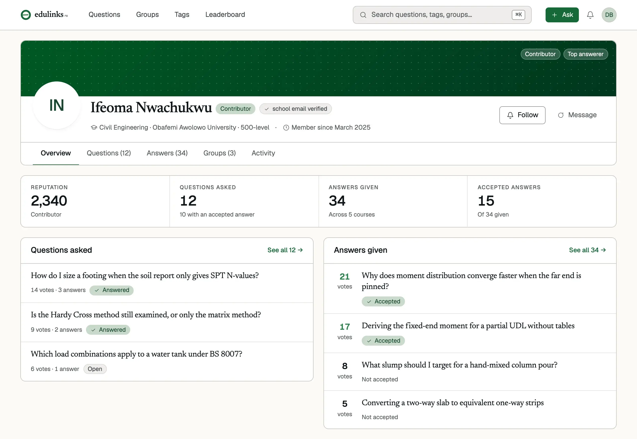 Example member profile: reputation, questions asked, answers given and accepted answers